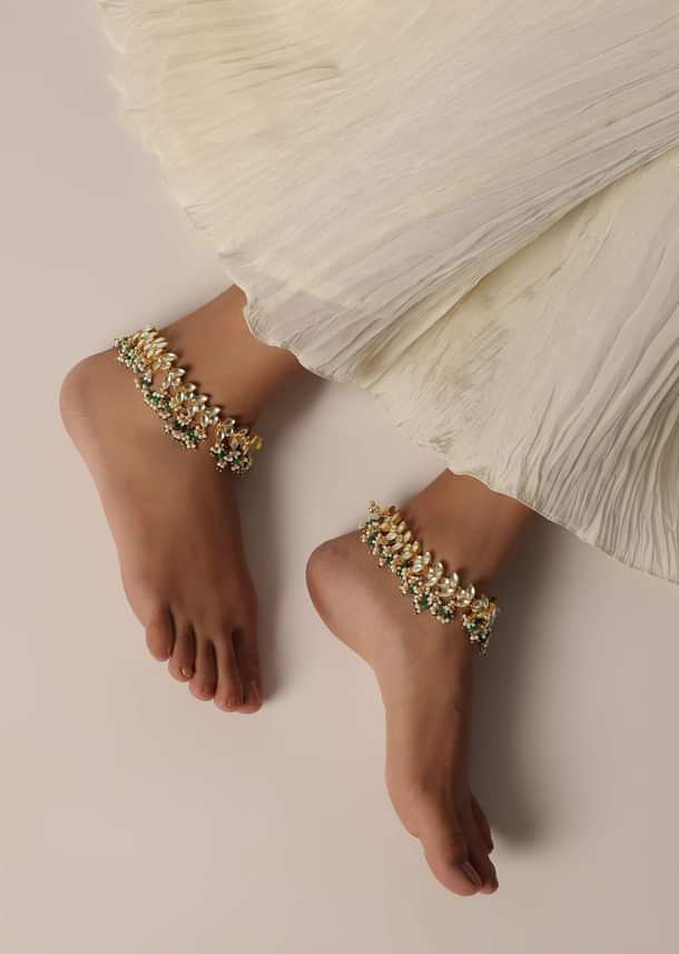 Green Payal With Kundan And Bead Drops - Set of 2 Green Payal With Kundan And Bead Drops - Set of 2