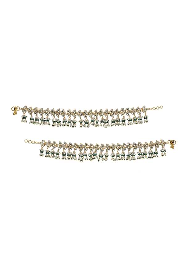 Green Payal With Kundan And Bead Drops - Set of 2 Green Payal With Kundan And Bead Drops - Set of 2