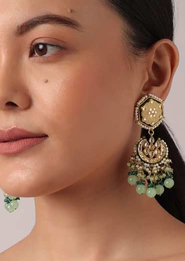 Green Pendant Choker Set With Bead Drops And Meenakari Work Green Pendant Choker Set With Bead Drops And Meenakari Work