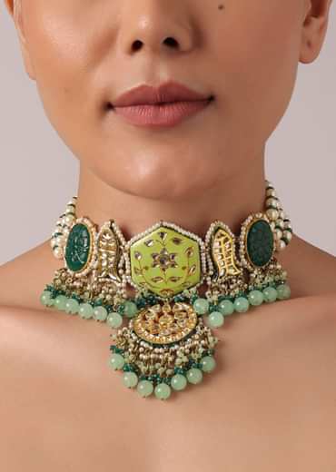 Green Pendant Choker Set With Bead Drops And Meenakari Work Green Pendant Choker Set With Bead Drops And Meenakari Work