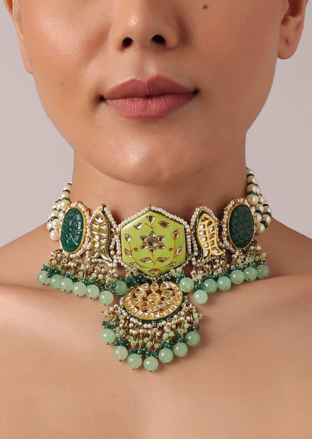 Green Pendant Choker Set With Bead Drops And Meenakari Work