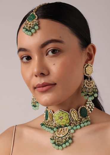 Green Pendant Choker Set With Bead Drops And Meenakari Work Green Pendant Choker Set With Bead Drops And Meenakari Work
