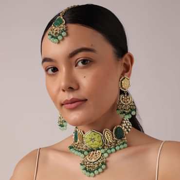 Green Pendant Choker Set With Bead Drops And Meenakari Work Green Pendant Choker Set With Bead Drops And Meenakari Work