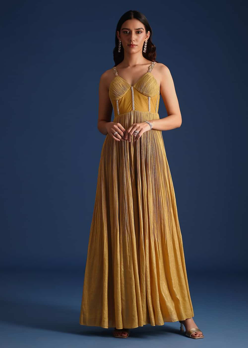 Green Pleated Jumpsuit With Cutdana Work