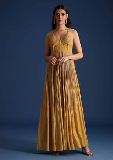 Green Pleated Jumpsuit With Cutdana Work