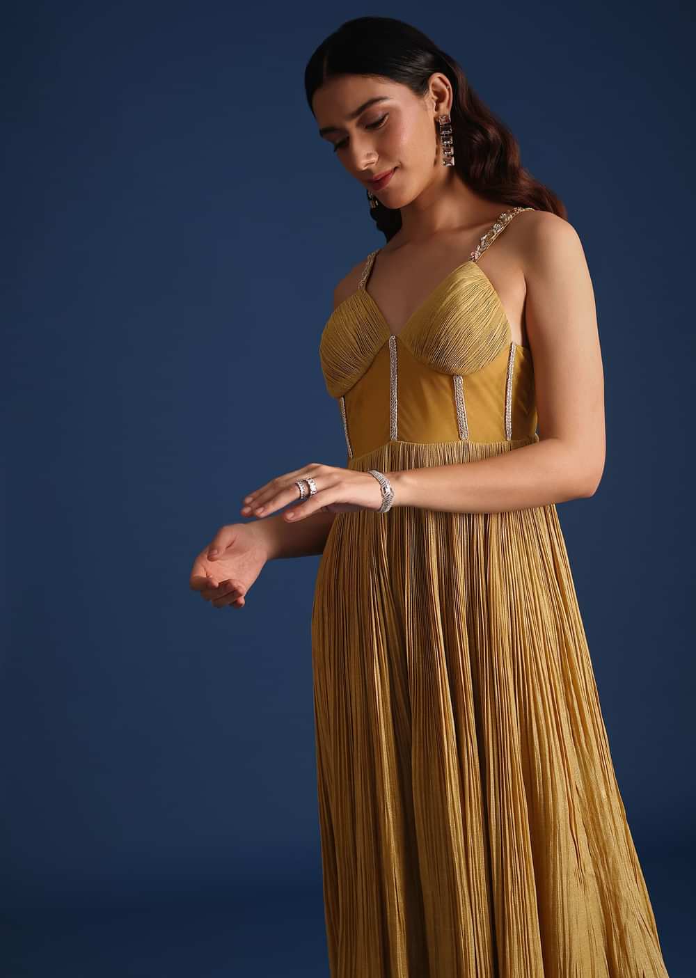 Green Pleated Jumpsuit With Cutdana Work