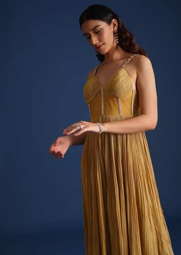 Green Pleated Jumpsuit With Cutdana Work
