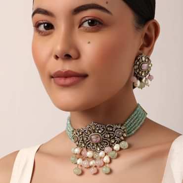 Green Polki Mossanite Choker Set With Green Beads
