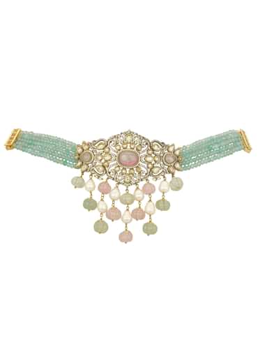 Green Polki Mossanite Choker Set With Green Beads