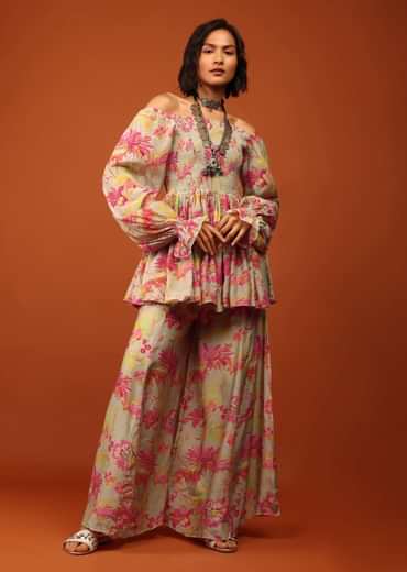 Moss Green Print Top And Palazzo In Crepe With Off-shoulder Neckline & Smocking Bodice