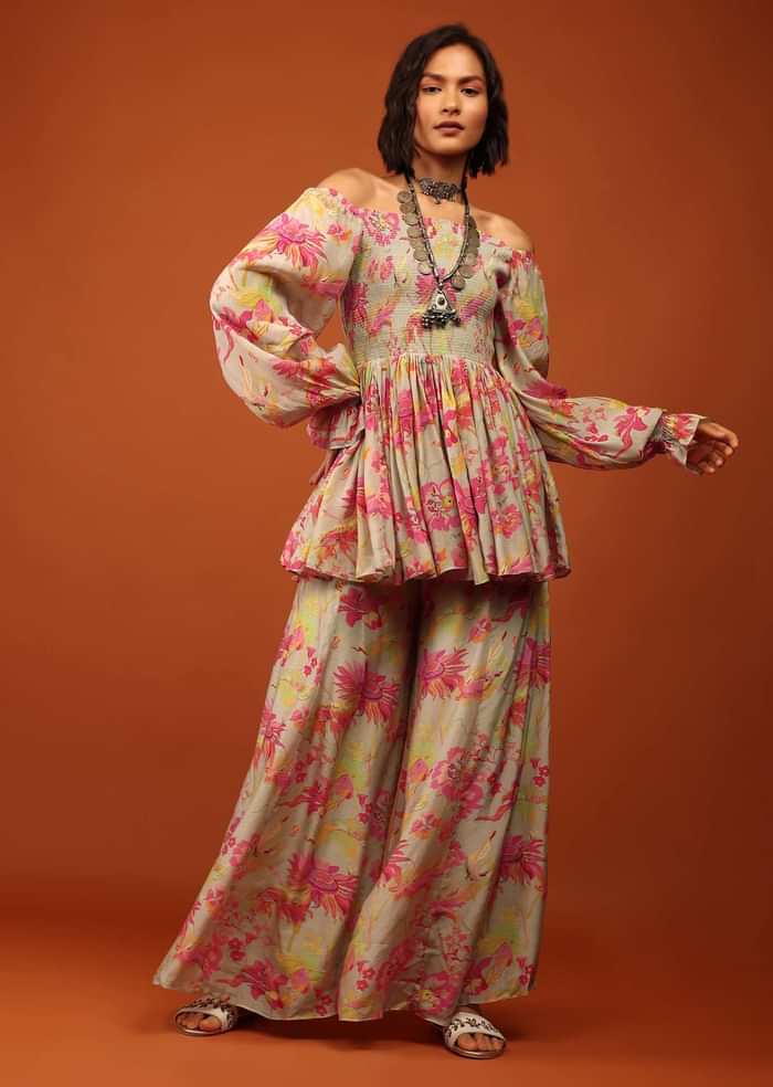 Moss Green Print Top And Palazzo In Crepe With Off-shoulder Neckline & Smocking Bodice