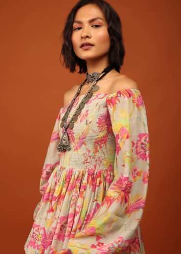 Moss Green Print Top And Palazzo In Crepe With Off-shoulder Neckline & Smocking Bodice