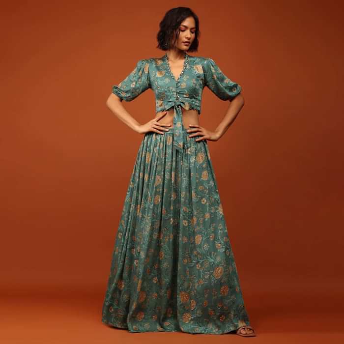 Turquoise Green Printed Blouse And Lehenga In V Neckline & Balloon Sleeves With Embellishment