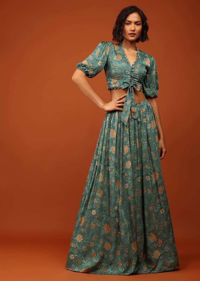Turquoise Green Printed Blouse And Lehenga In V Neckline & Balloon Sleeves With Embellishment
