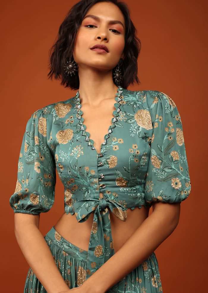Turquoise Green Printed Blouse And Lehenga In V Neckline & Balloon Sleeves With Embellishment