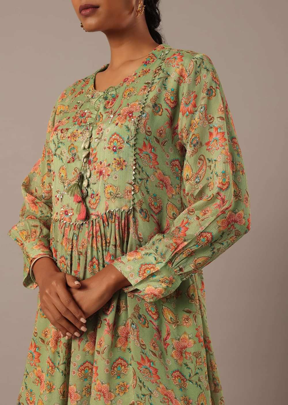 Green Printed Chiffon Kurta Set With Sequin Work