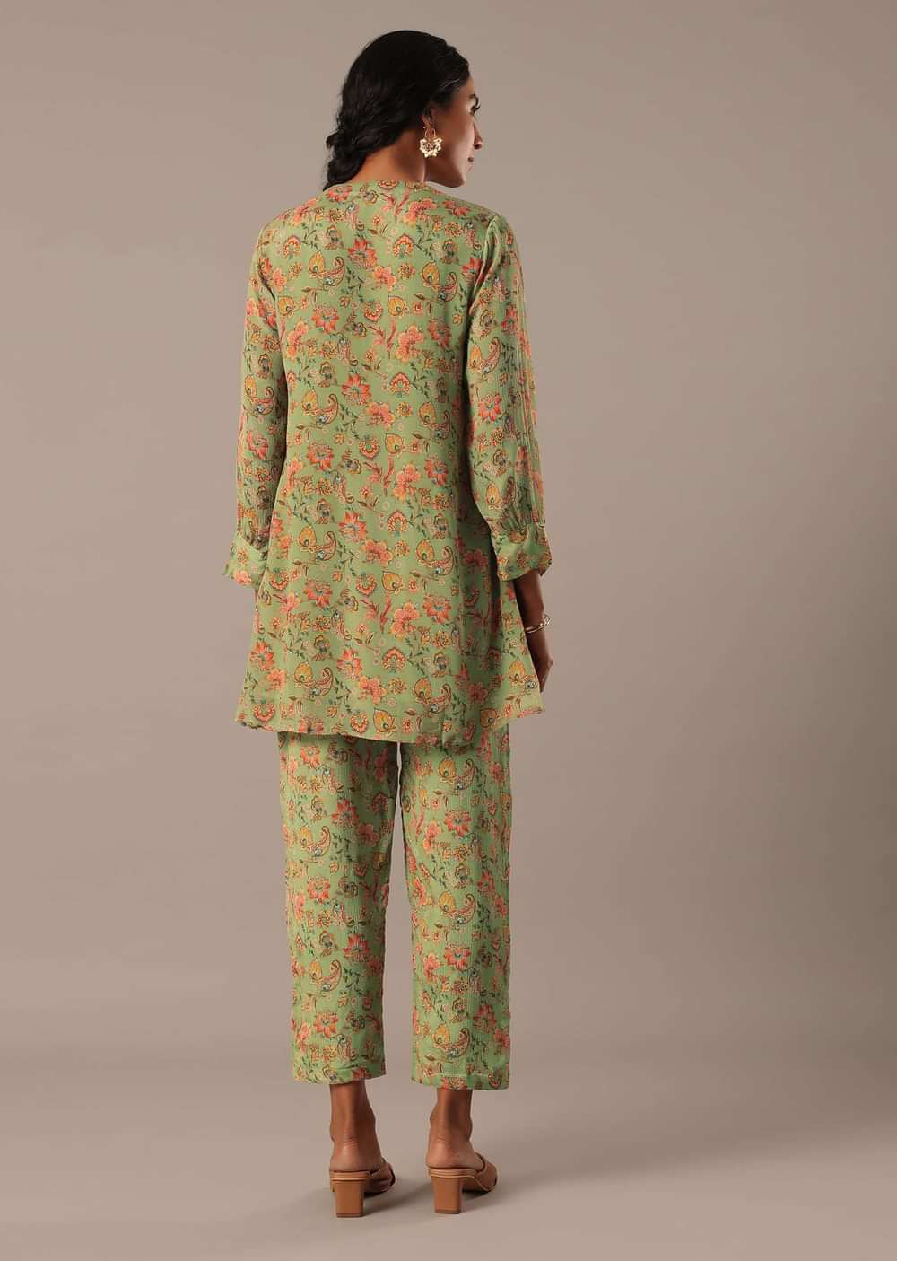 Green Printed Chiffon Kurta Set With Sequin Work