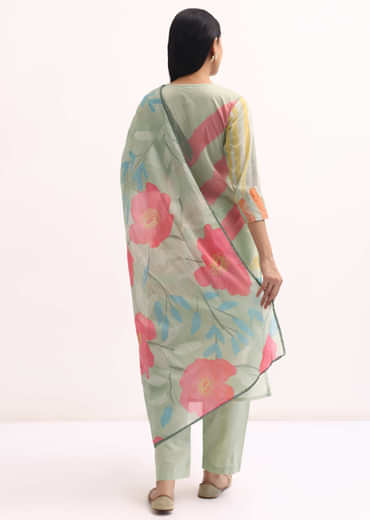 Green Printed Cotton Kurta Set With Dupatta