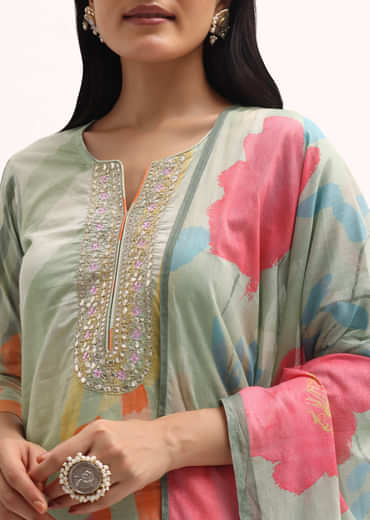 Green Printed Cotton Kurta Set With Dupatta