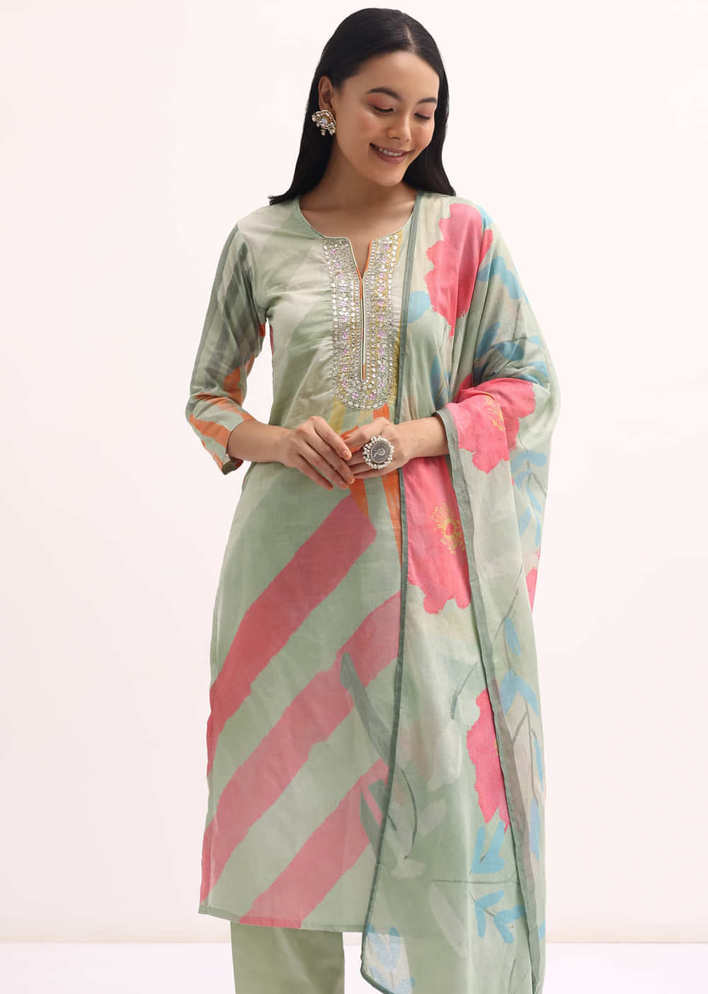Green Printed Cotton Kurta Set With Dupatta