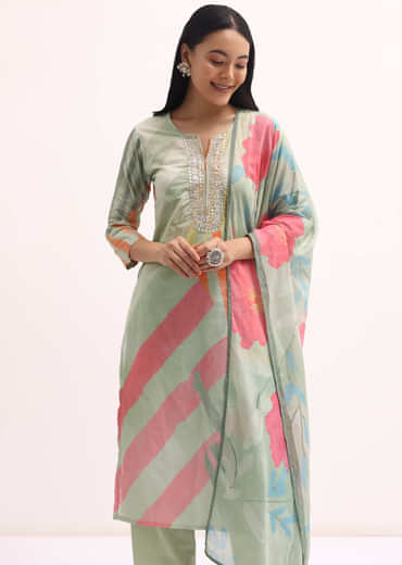 Green Printed Cotton Kurta Set With Dupatta