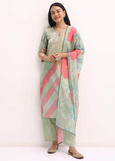 Green Printed Cotton Kurta Set With Dupatta