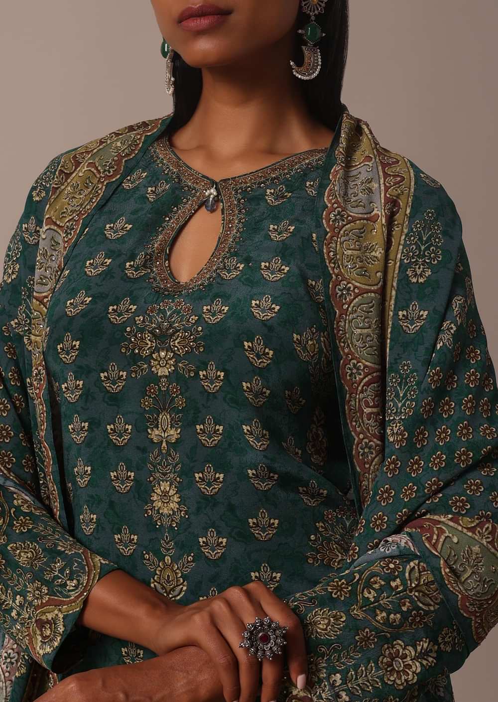 Green Printed Crepe With Stone Work Kurta Palazzo Set