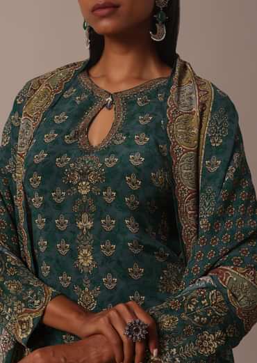 Green Printed Crepe With Stone Work Kurta Palazzo Set