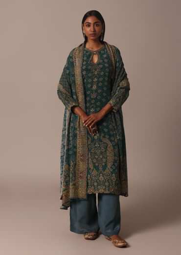 Green Printed Crepe With Stone Work Kurta Palazzo Set