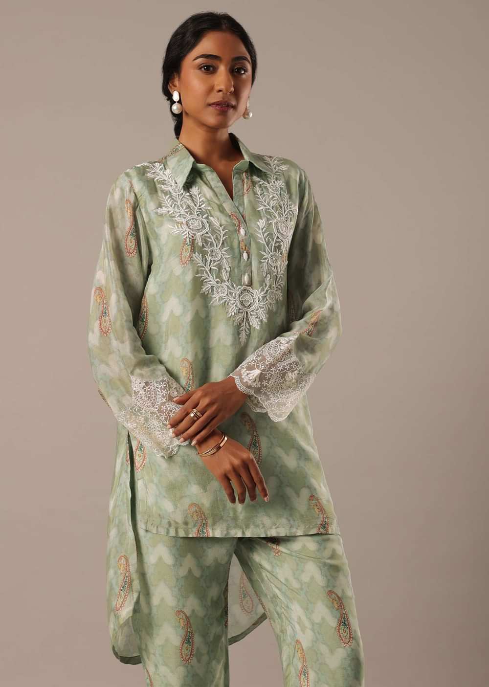 Green Printed Kurta Set With Asymmetric Hemline
