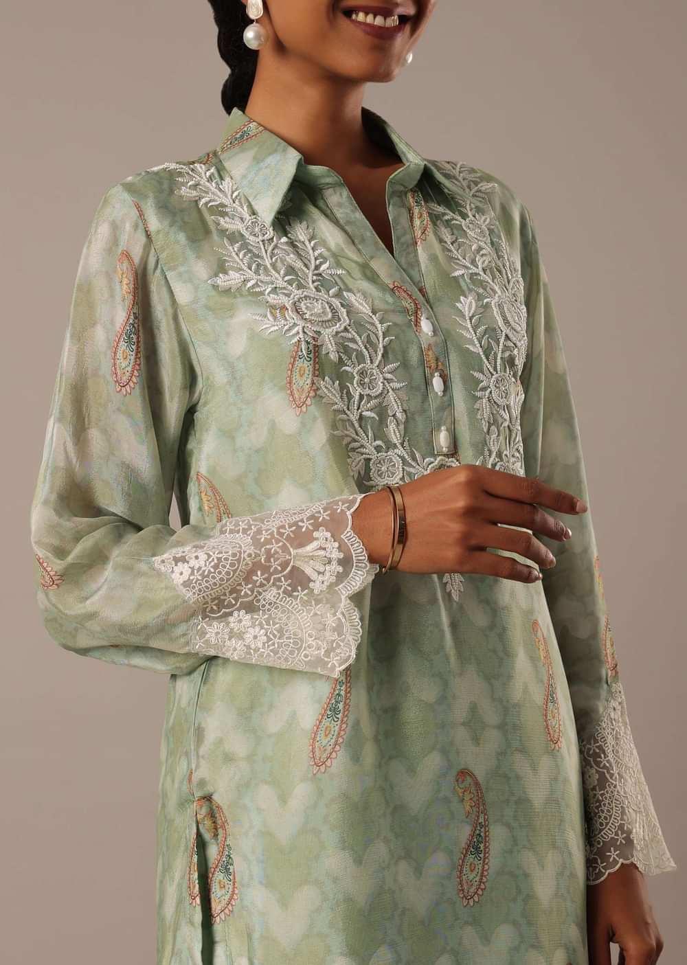 Green Printed Kurta Set With Asymmetric Hemline