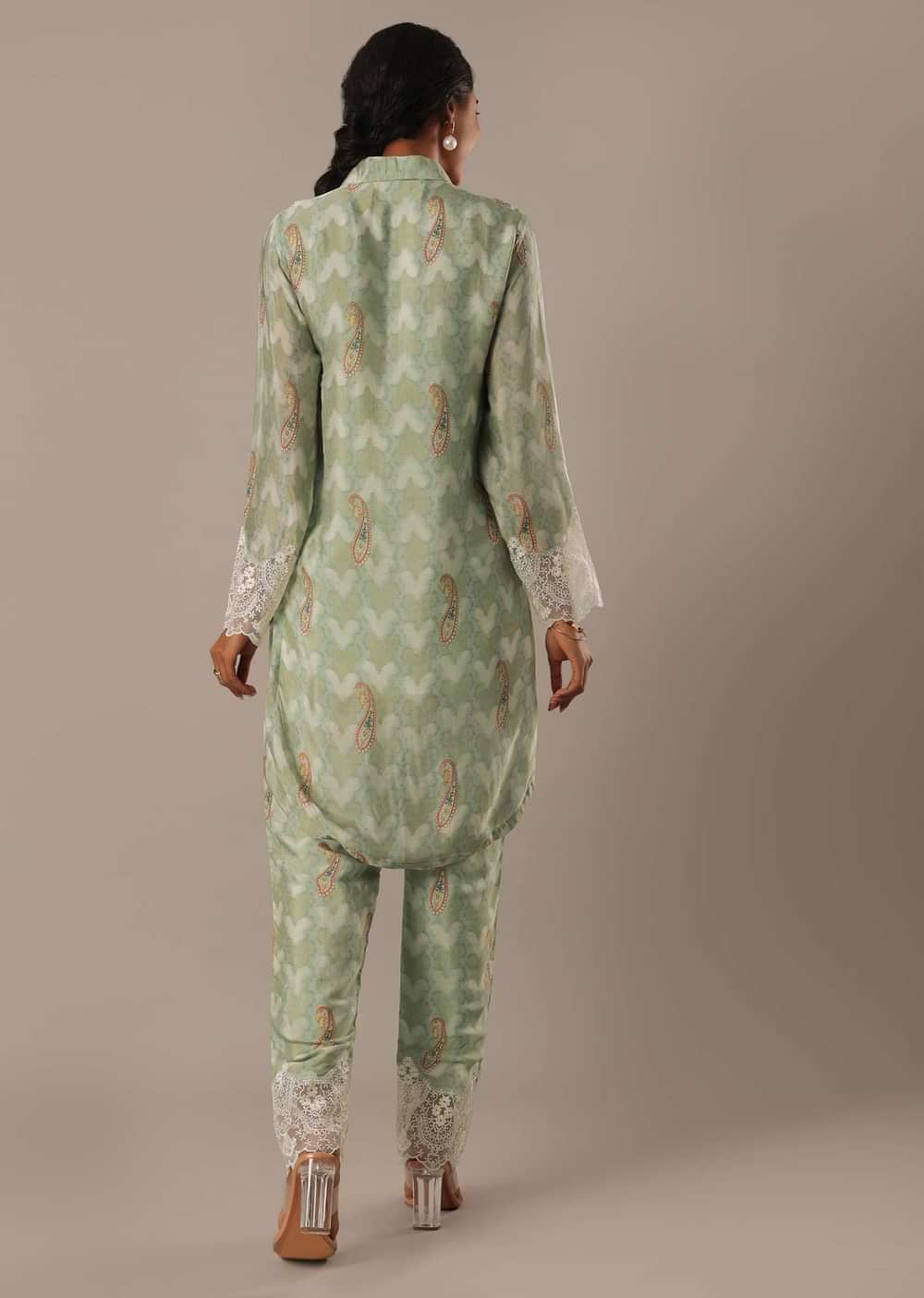 Green Printed Kurta Set With Asymmetric Hemline