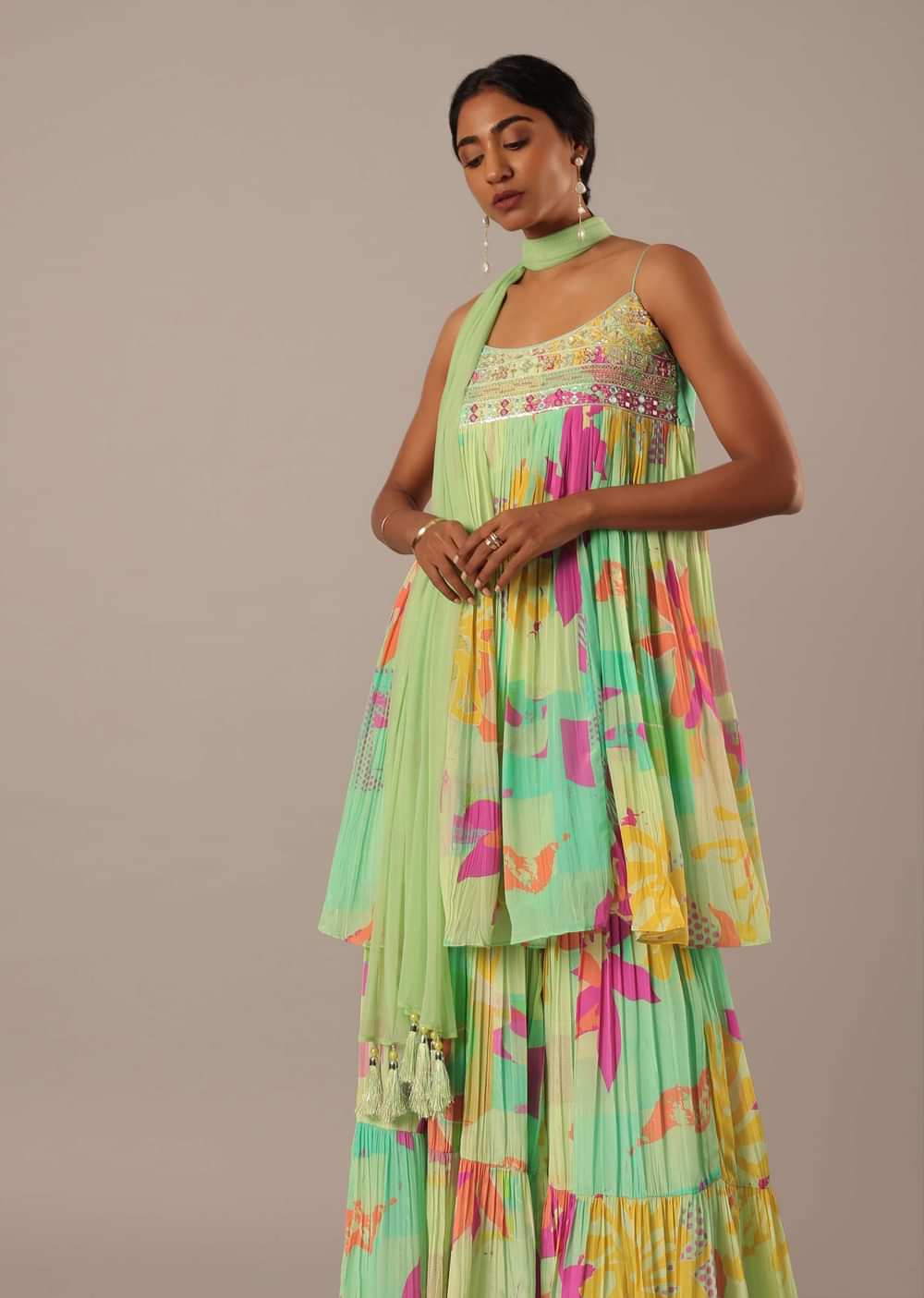 Green Printed Kurta Sharara Set With Printed Detail And Mirror Work
