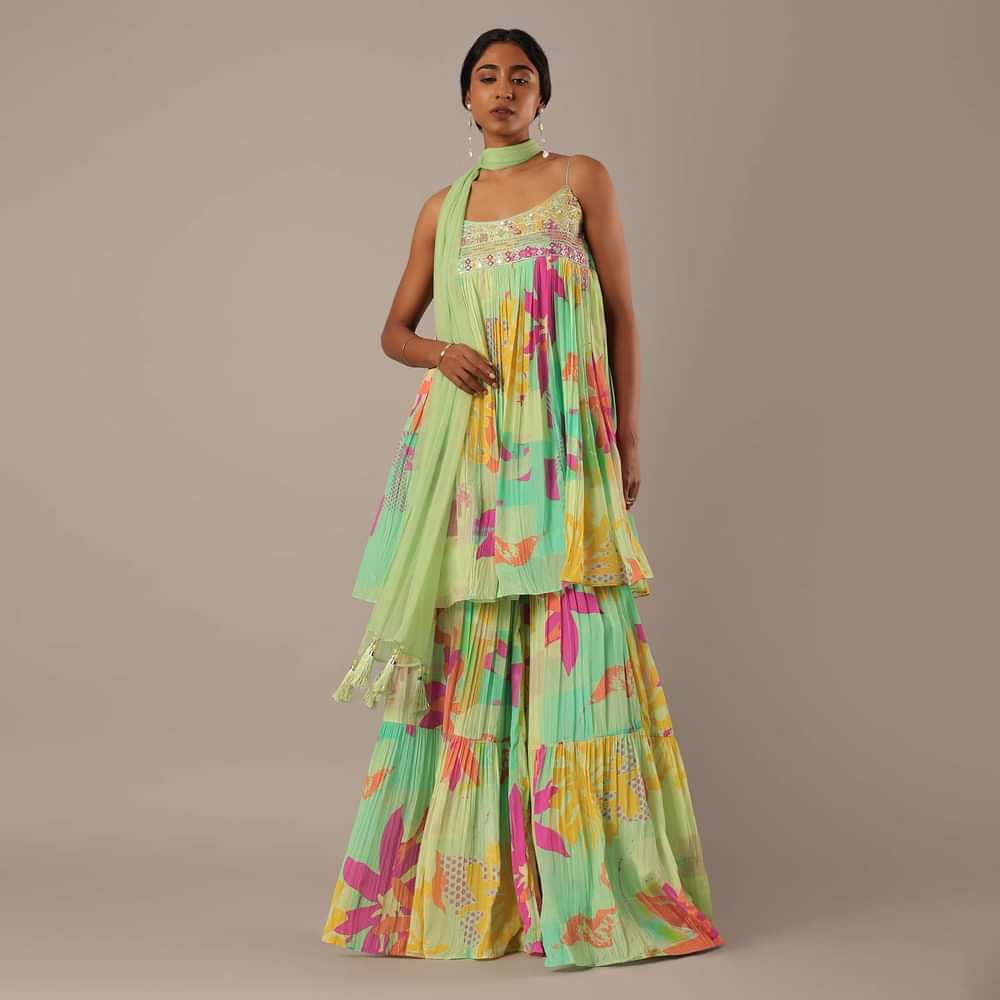 Green Printed Kurta Sharara Set With Printed Detail And Mirror Work