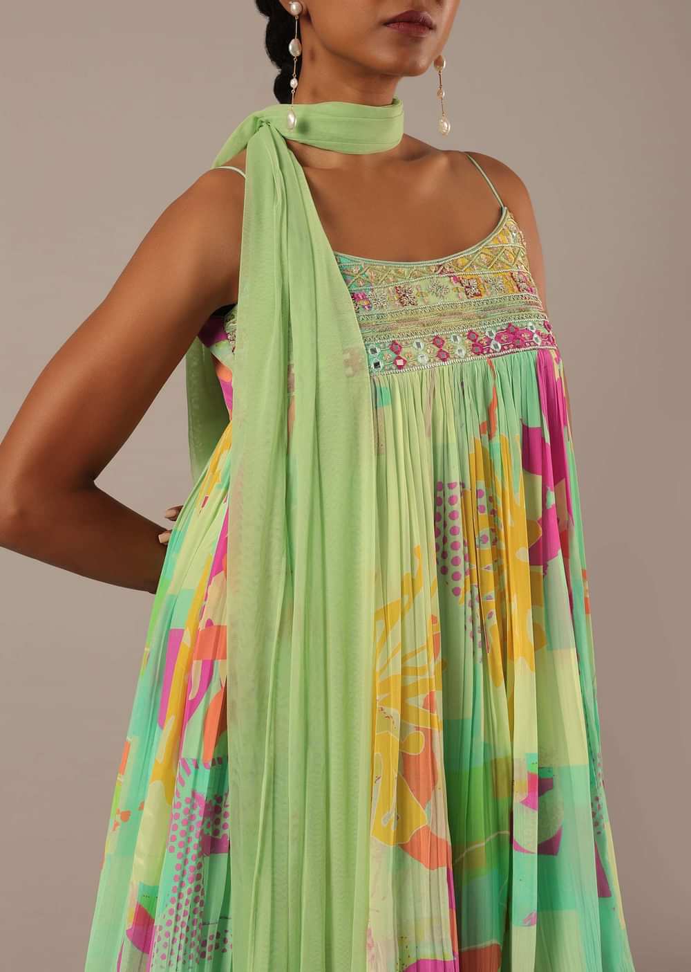 Green Printed Kurta Sharara Set With Printed Detail And Mirror Work