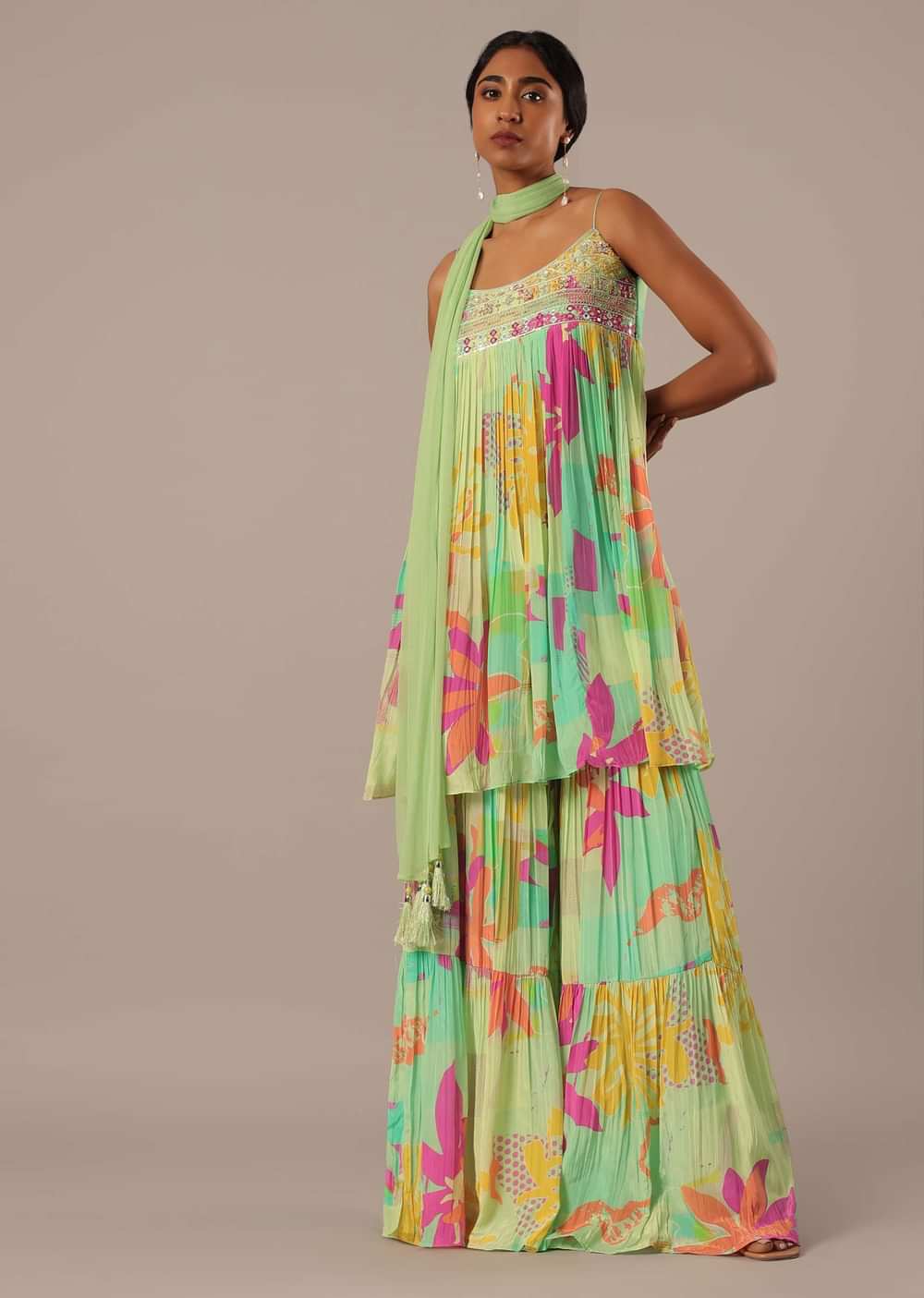 Green Printed Kurta Sharara Set With Printed Detail And Mirror Work