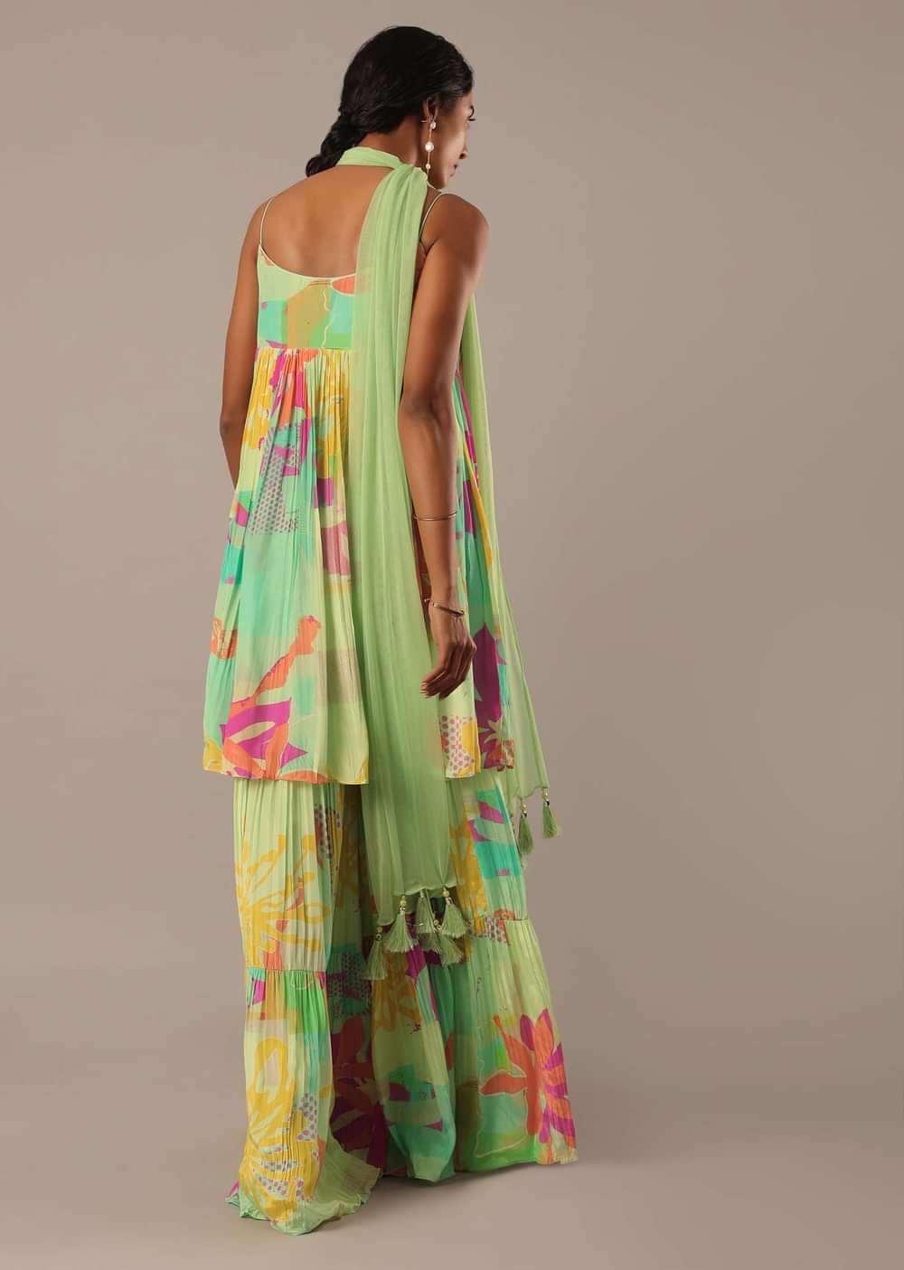Green Printed Kurta Sharara Set With Printed Detail And Mirror Work