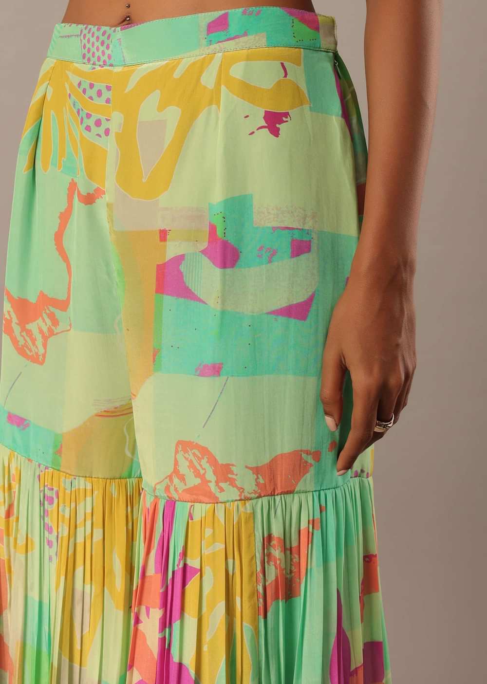 Green Printed Kurta Sharara Set With Printed Detail And Mirror Work