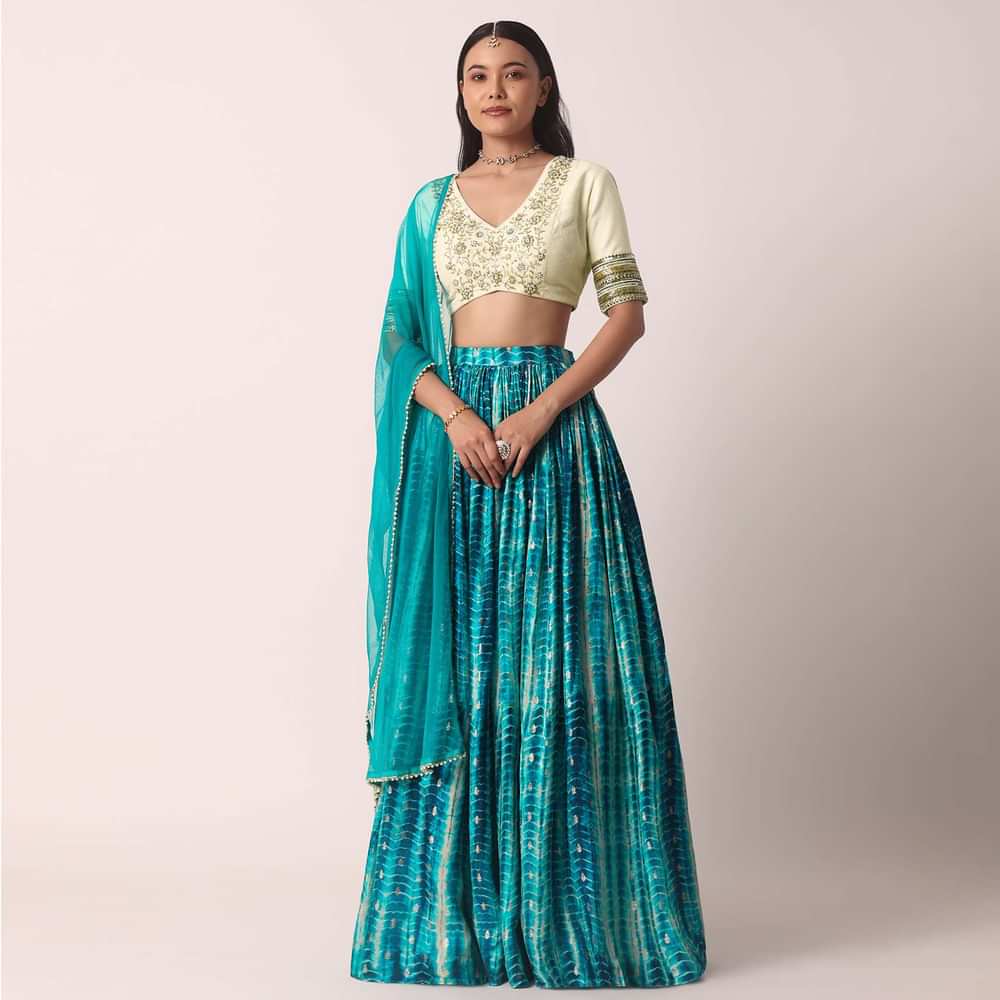 Blue Printed Lehenga Set With Cutdana Work