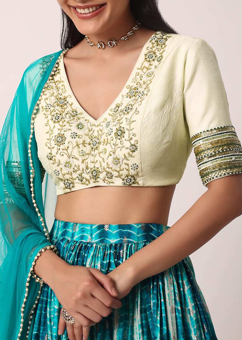 Blue Printed Lehenga Set With Cutdana Work