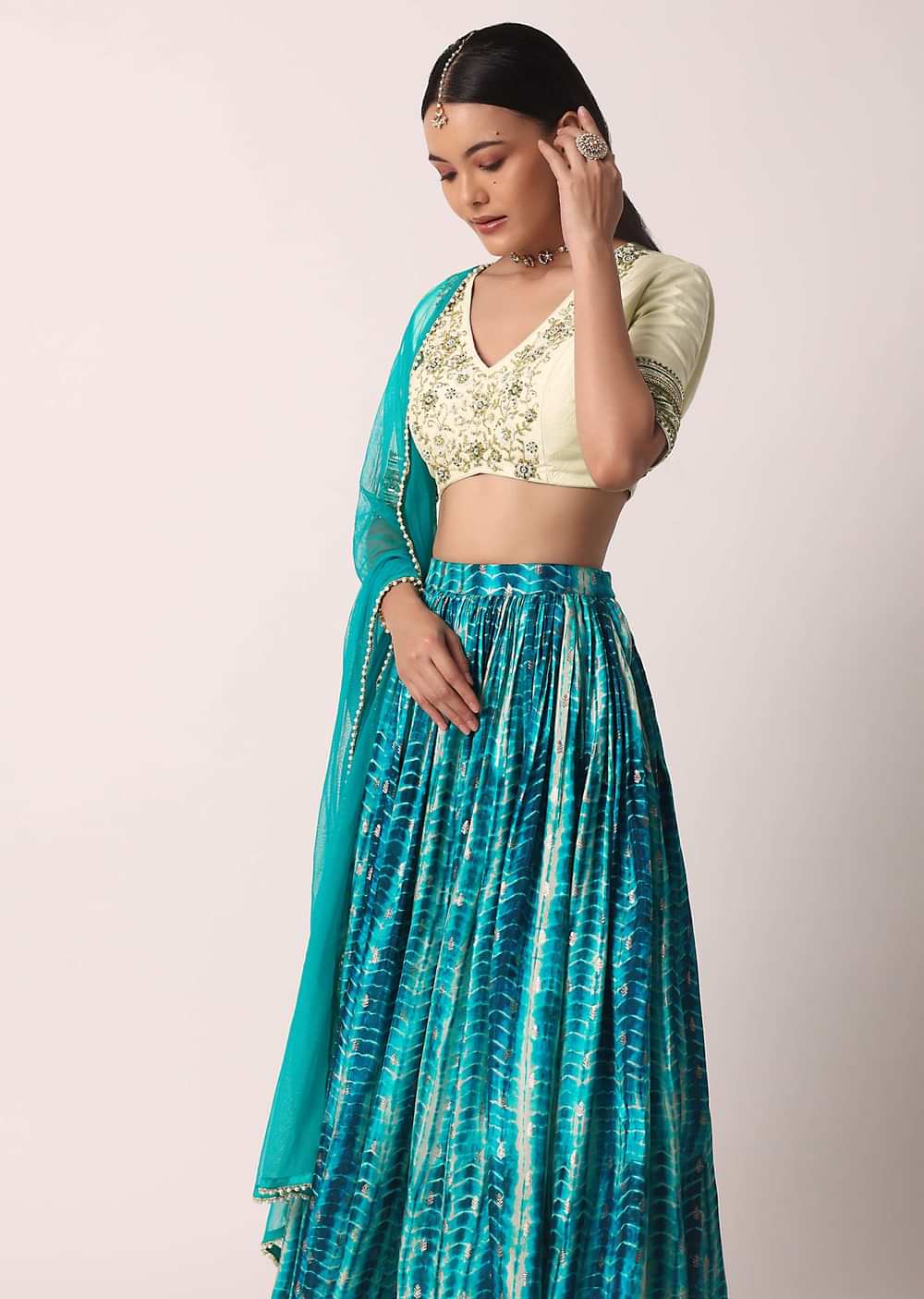 Blue Printed Lehenga Set With Cutdana Work