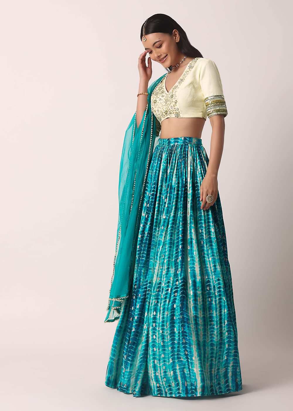 Blue Printed Lehenga Set With Cutdana Work