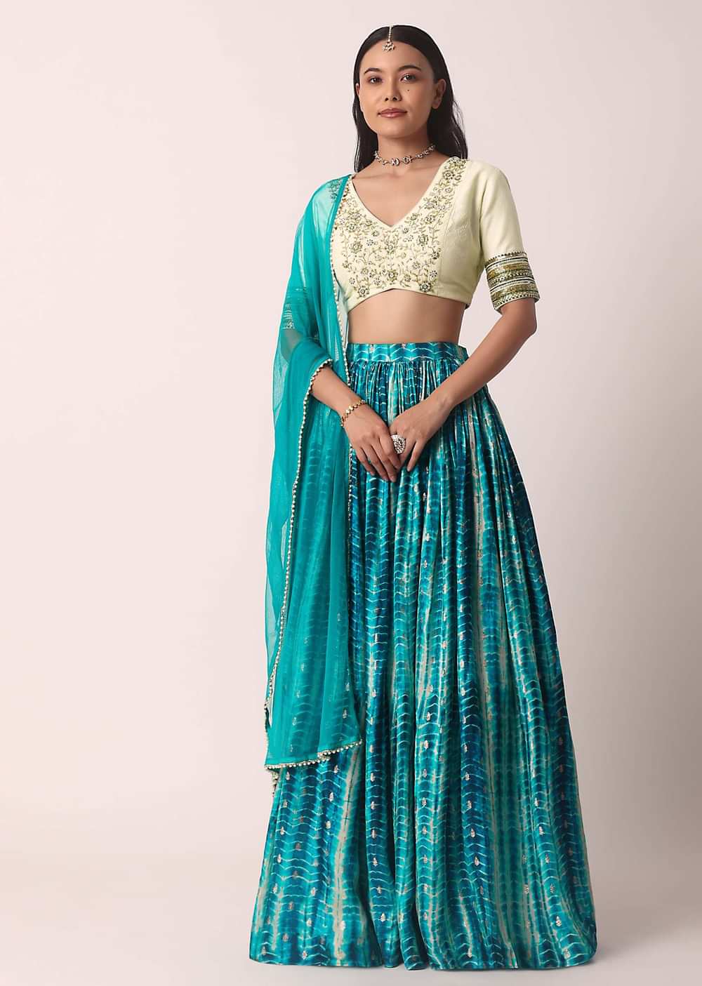 Blue Printed Lehenga Set With Cutdana Work