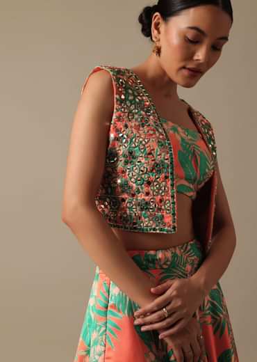 Green Printed Lehenga Set With Mirror Embellished Jacket