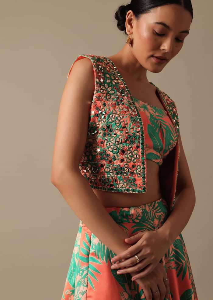 Green Printed Lehenga Set With Mirror Embellished Jacket