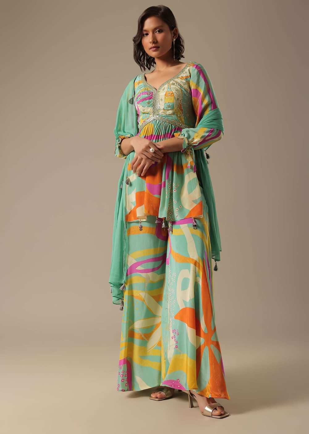 Green Printed Palazzo Set With Embroidered Peplum Top