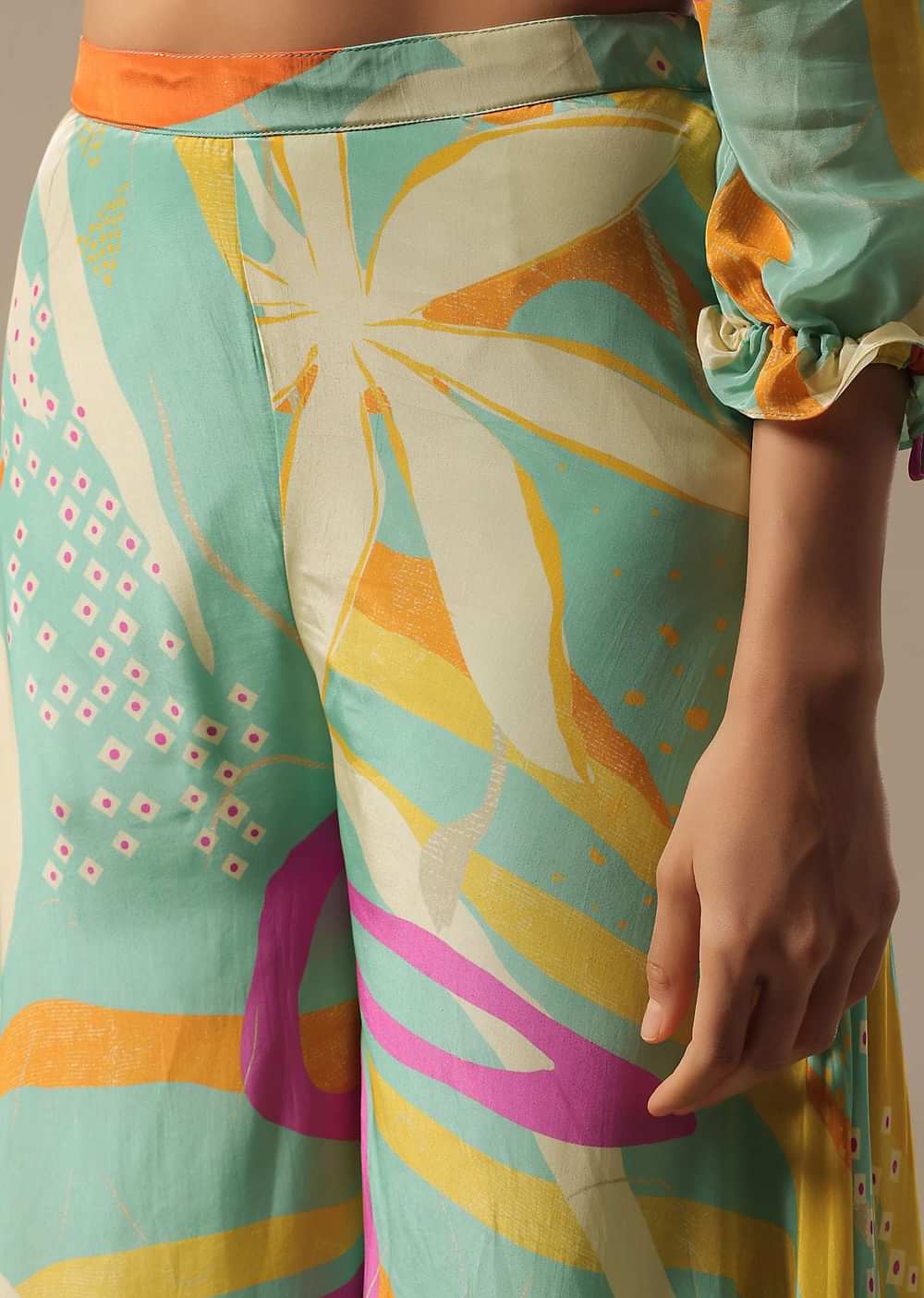 Green Printed Palazzo Set With Embroidered Peplum Top
