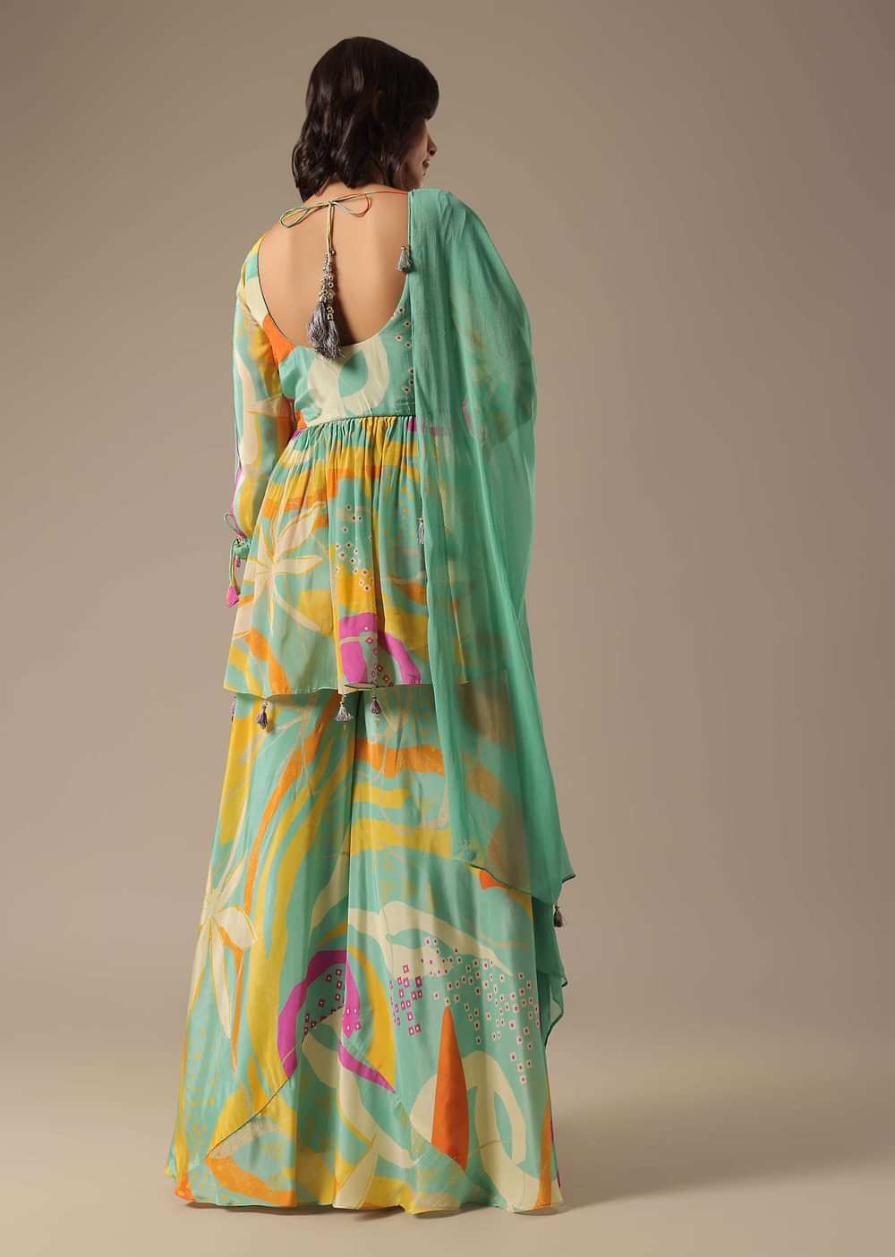 Green Printed Palazzo Set With Embroidered Peplum Top