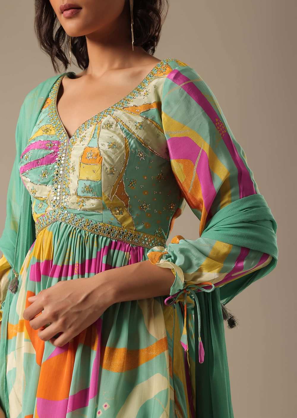 Green Printed Palazzo Set With Embroidered Peplum Top