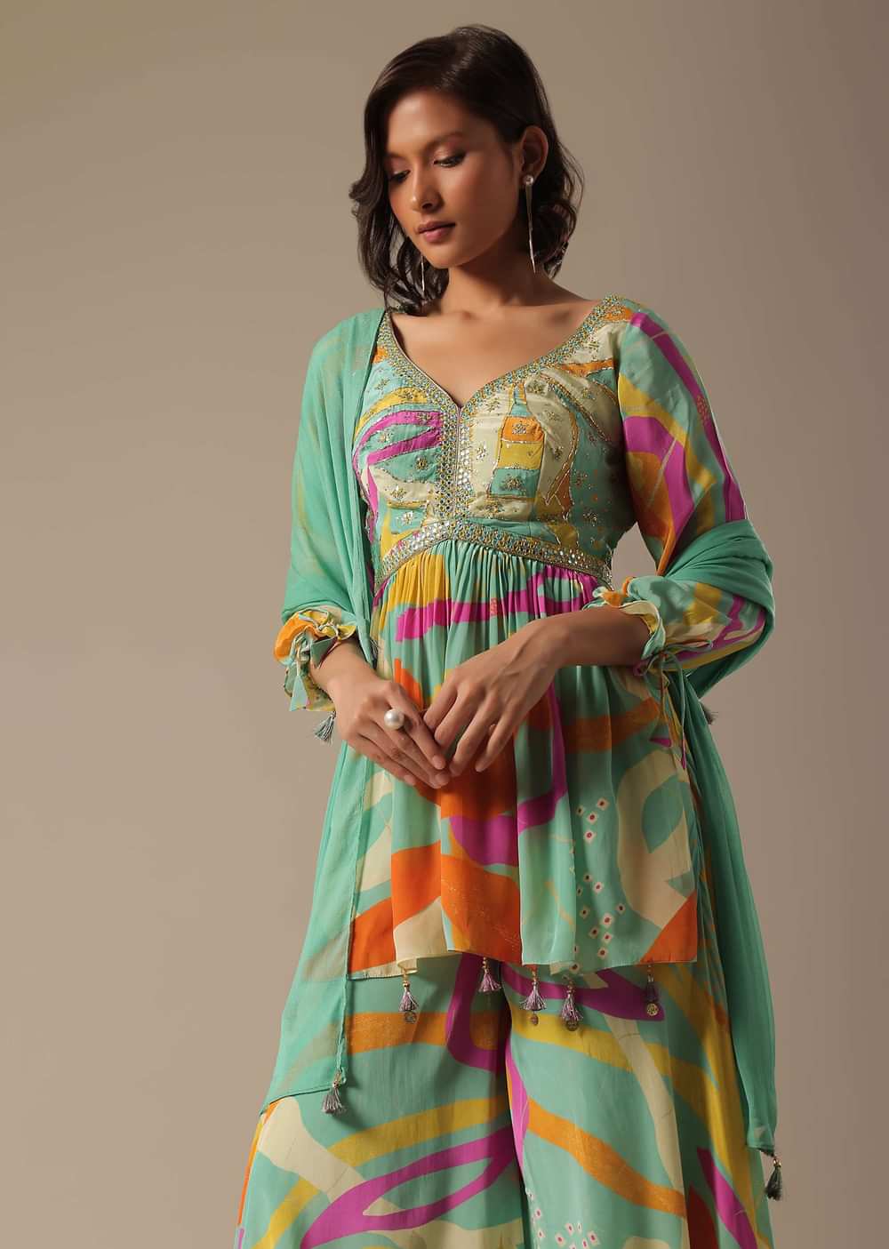 Green Printed Palazzo Set With Embroidered Peplum Top
